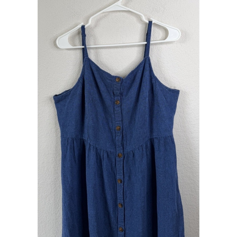 Old Navy Linen Blend Midi Dress Chambray Blue Button Front Strappy Sz XL Coastal - Picture 3 of 8